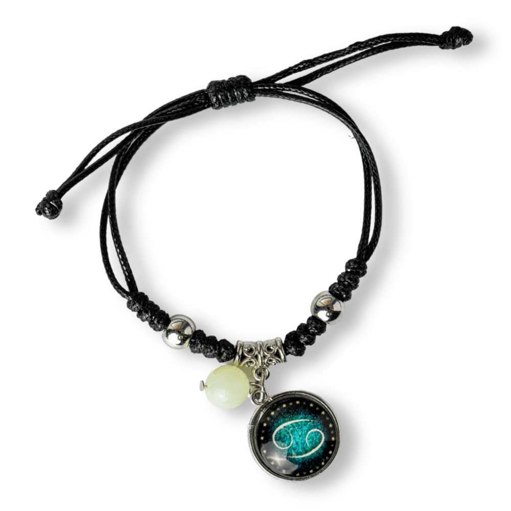 Bratara Zodiacala Ajustabila din Sfoara Cerata si Piele Sintetica – Cabochon Rotund cu Semn Zodiacal si Bila Fosforescenta [1]