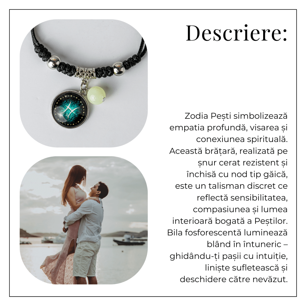 Bratara Zodiacala Ajustabila din Sfoara Cerata si Piele Sintetica – Cabochon Rotund cu Semn Zodiacal si Bila Fosforescenta [6]