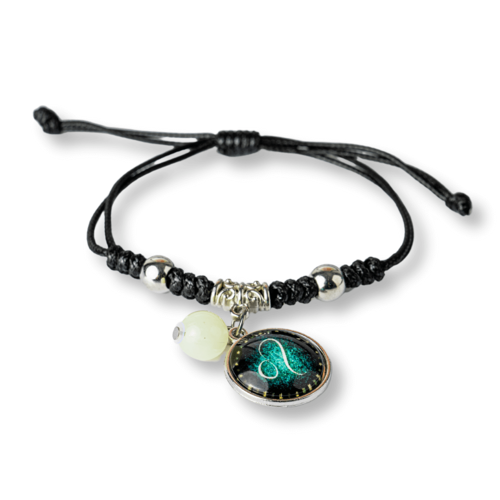 Bratara Zodiacala Ajustabila din Sfoara Cerata si Piele Sintetica – Cabochon Rotund cu Semn Zodiacal si Bila Fosforescenta [2]