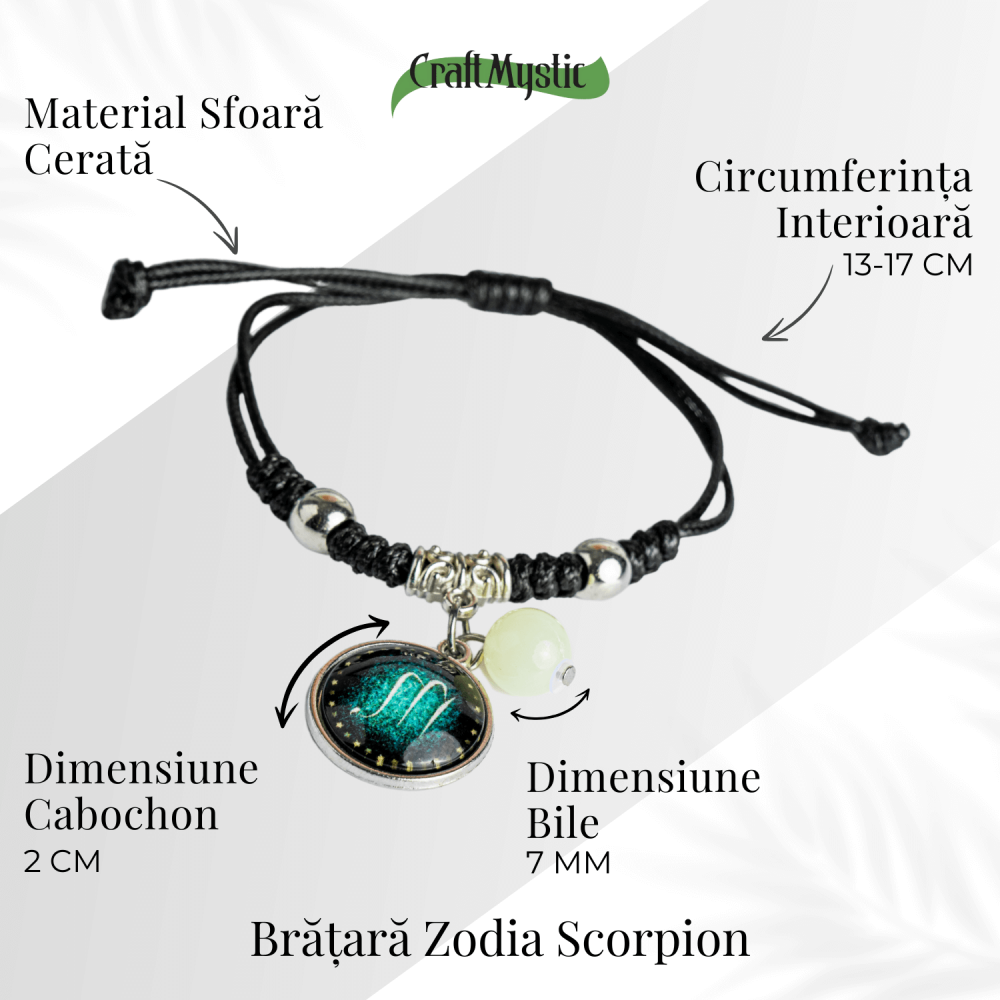 Bratara Zodiacala Ajustabila din Sfoara Cerata si Piele Sintetica – Cabochon Rotund cu Semn Zodiacal si Bila Fosforescenta [5]