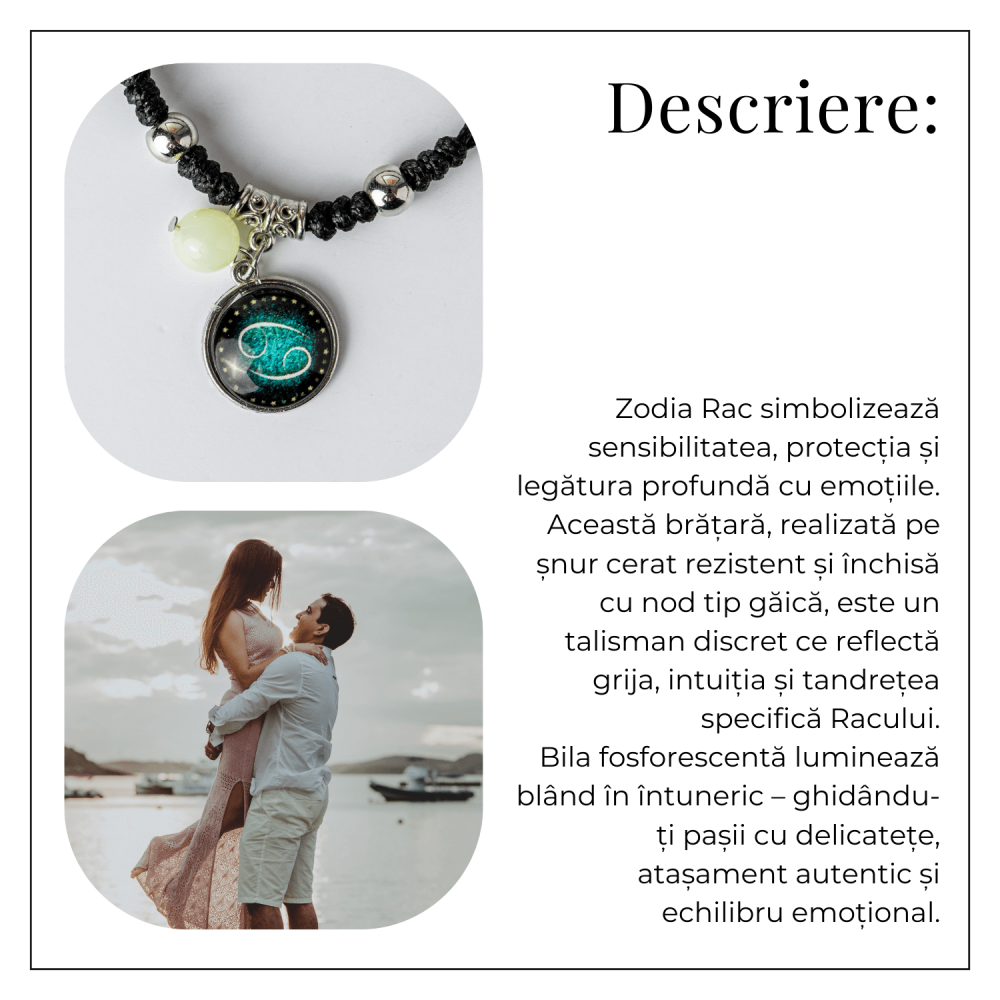 Bratara Zodiacala Ajustabila din Sfoara Cerata si Piele Sintetica – Cabochon Rotund cu Semn Zodiacal si Bila Fosforescenta [3]