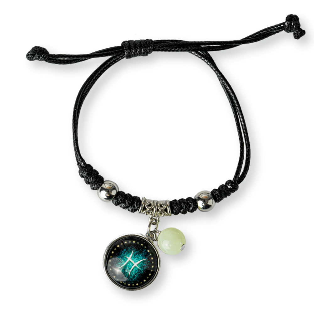 Bratara Zodiacala Ajustabila din Sfoara Cerata si Piele Sintetica – Cabochon Rotund cu Semn Zodiacal si Bila Fosforescenta [1]