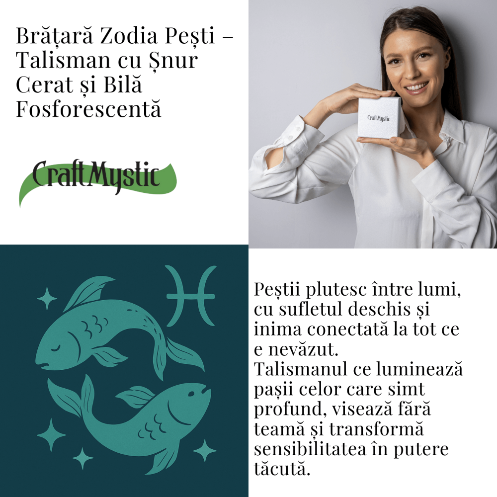 Bratara Zodiacala Ajustabila din Sfoara Cerata si Piele Sintetica – Cabochon Rotund cu Semn Zodiacal si Bila Fosforescenta [4]