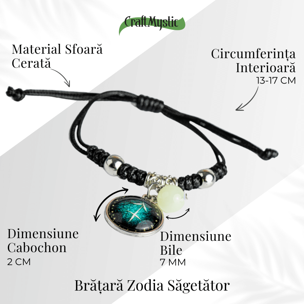 Bratara Zodiacala Ajustabila din Sfoara Cerata si Piele Sintetica – Cabochon Rotund cu Semn Zodiacal si Bila Fosforescenta [5]