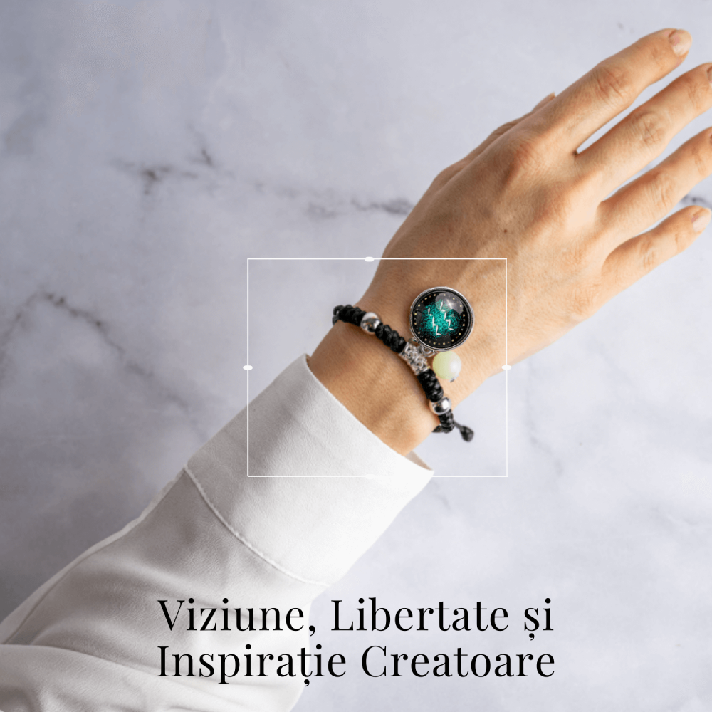 Bratara Zodiacala Ajustabila din Sfoara Cerata si Piele Sintetica – Cabochon Rotund cu Semn Zodiacal si Bila Fosforescenta [2]