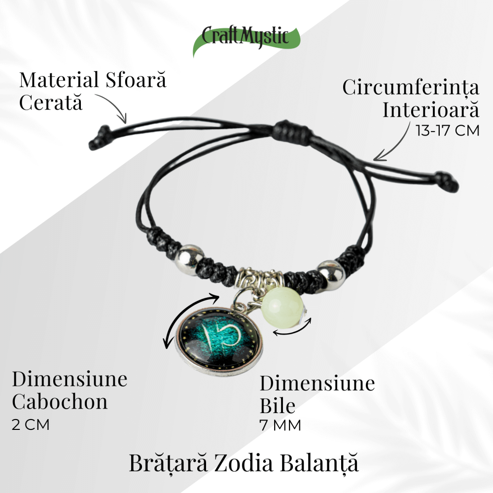 Bratara Zodiacala Ajustabila din Sfoara Cerata si Piele Sintetica – Cabochon Rotund cu Semn Zodiacal si Bila Fosforescenta [5]