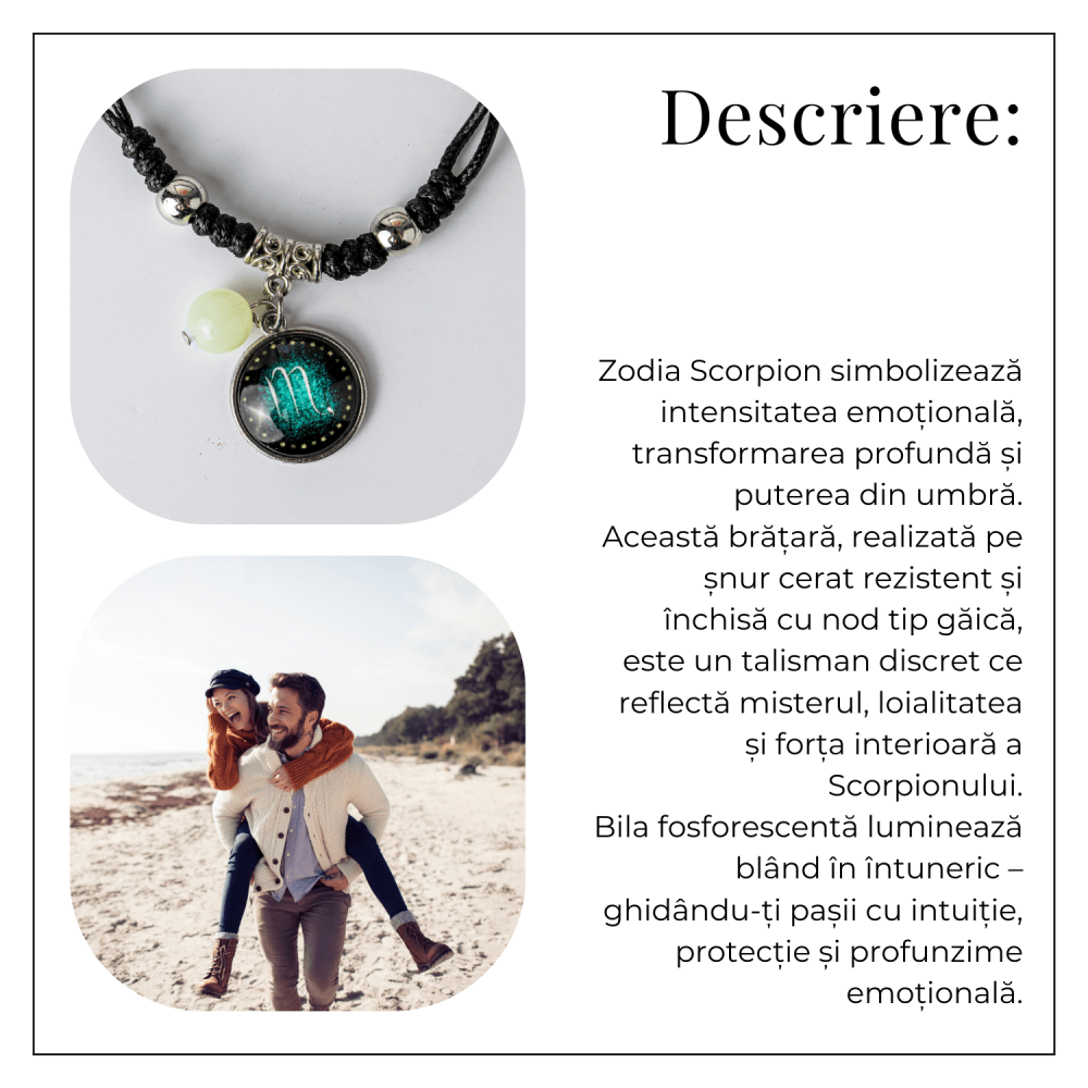 Bratara Zodiacala Ajustabila din Sfoara Cerata si Piele Sintetica – Cabochon Rotund cu Semn Zodiacal si Bila Fosforescenta [7]