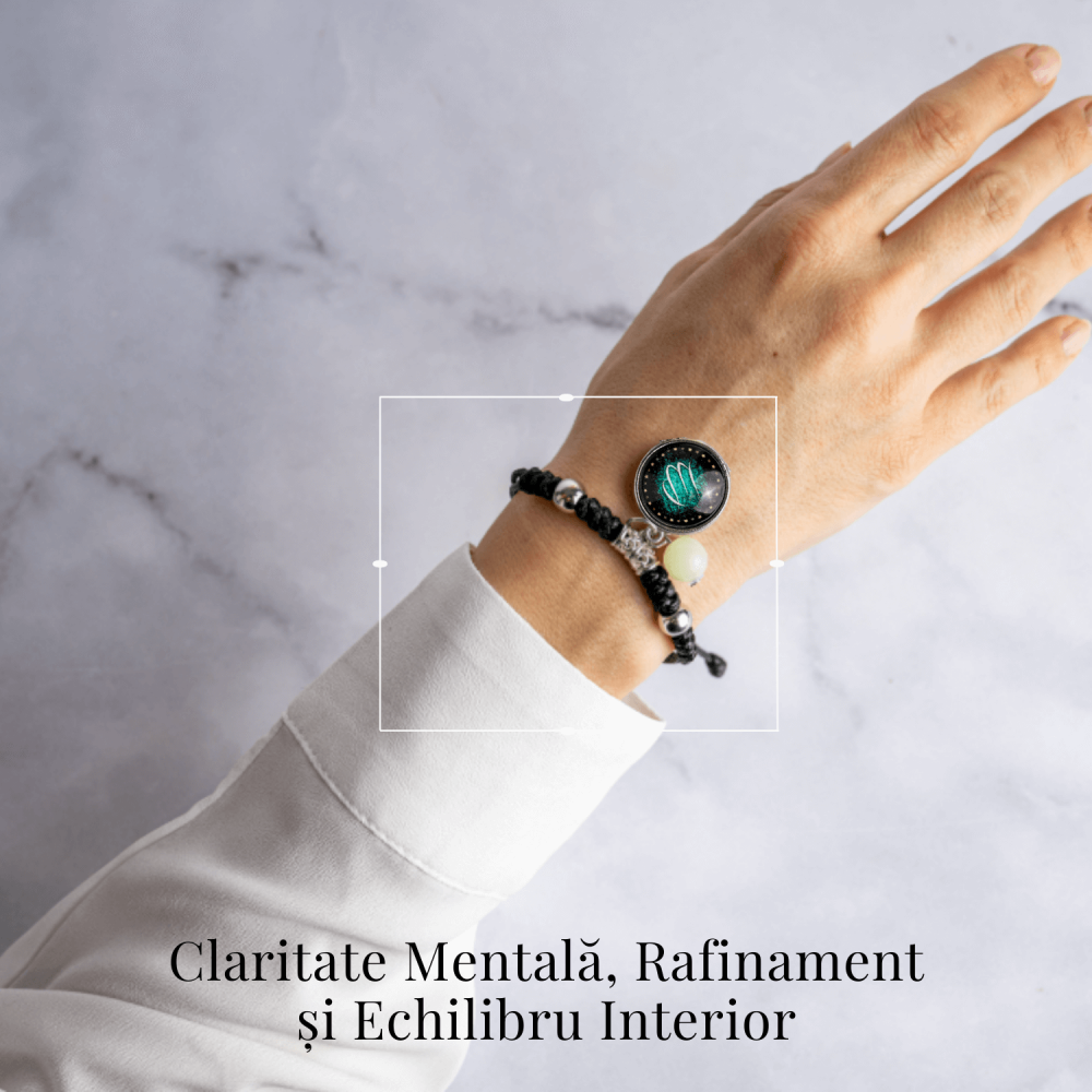 Bratara Zodiacala Ajustabila din Sfoara Cerata si Piele Sintetica – Cabochon Rotund cu Semn Zodiacal si Bila Fosforescenta [2]