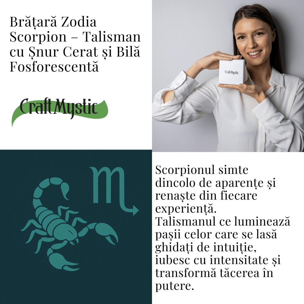Bratara Zodiacala Ajustabila din Sfoara Cerata si Piele Sintetica – Cabochon Rotund cu Semn Zodiacal si Bila Fosforescenta [4]