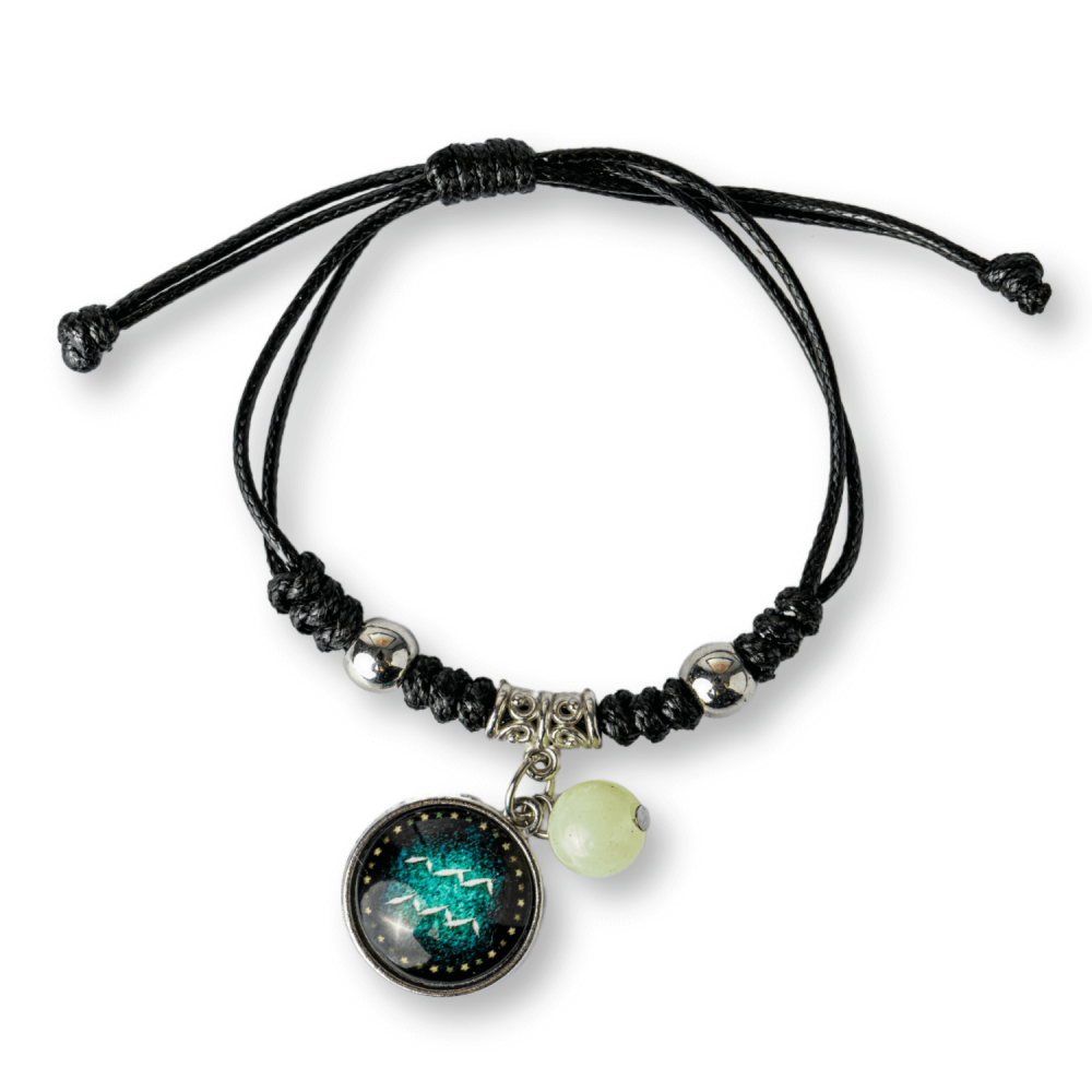 Bratara Zodiacala Ajustabila din Sfoara Cerata si Piele Sintetica – Cabochon Rotund cu Semn Zodiacal si Bila Fosforescenta [1]