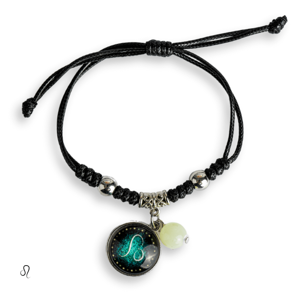 Bratara Zodiacala Ajustabila din Sfoara Cerata si Piele Sintetica – Cabochon Rotund cu Semn Zodiacal si Bila Fosforescenta [1]