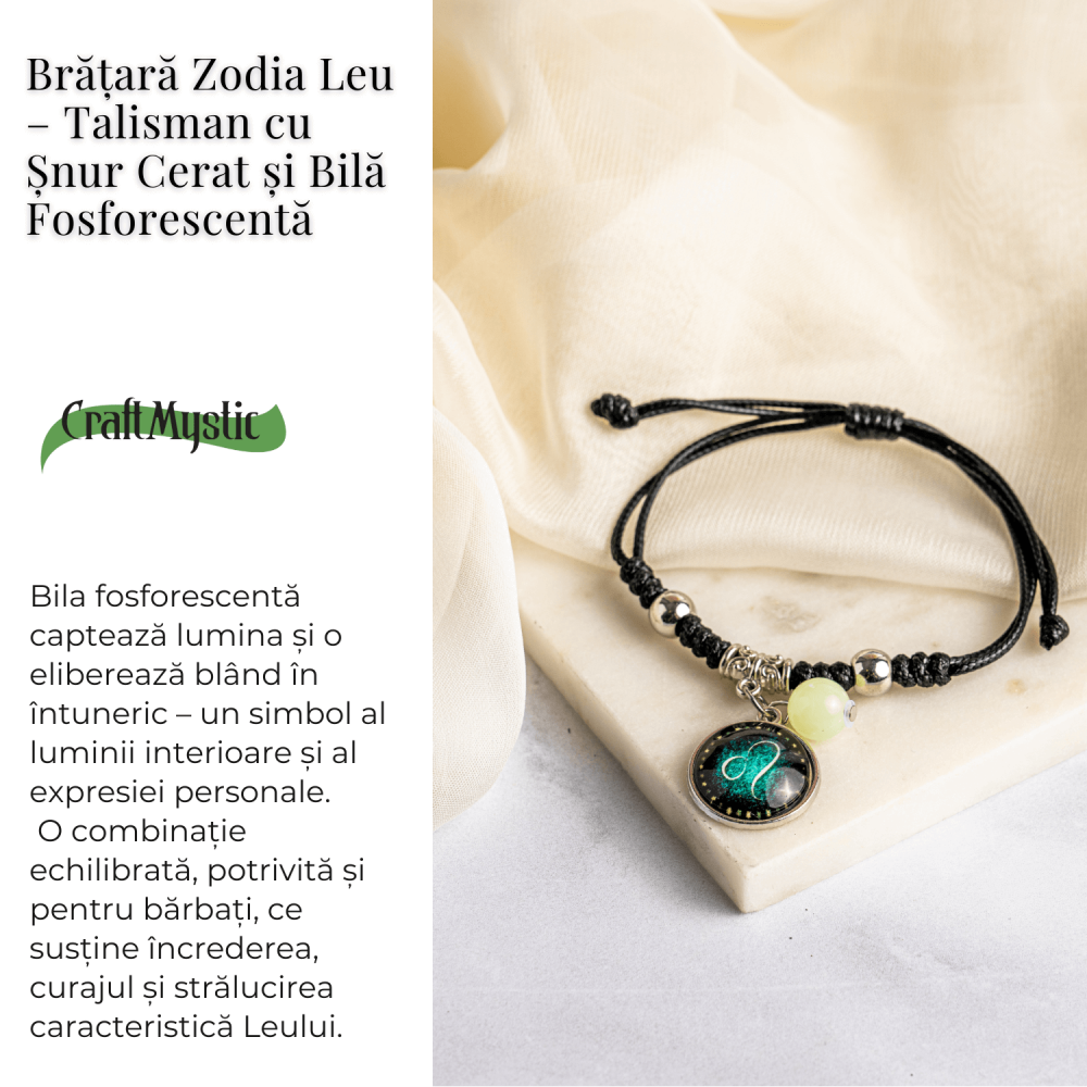 Bratara Zodiacala Ajustabila din Sfoara Cerata si Piele Sintetica – Cabochon Rotund cu Semn Zodiacal si Bila Fosforescenta [4]