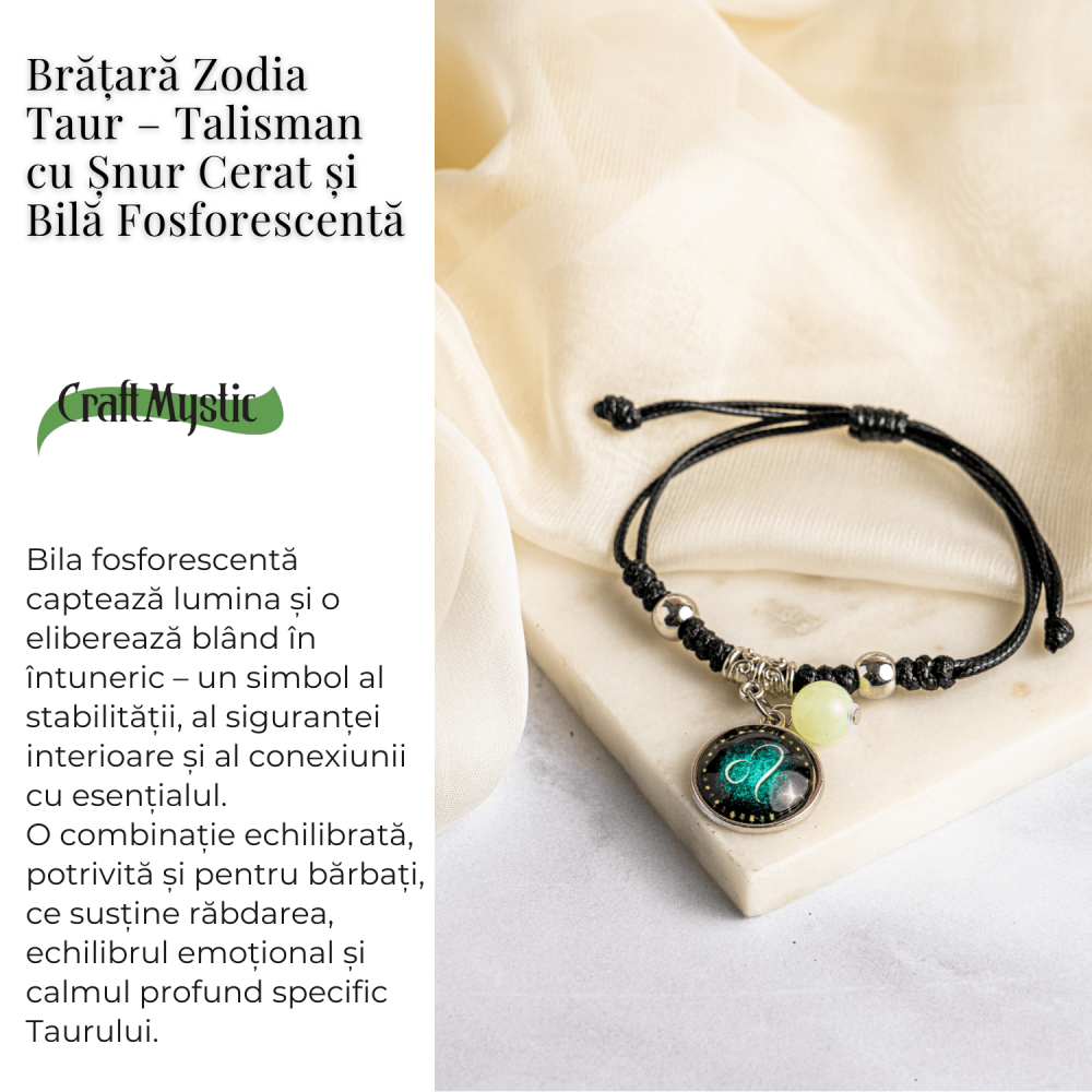 Bratara Zodiacala Ajustabila din Sfoara Cerata si Piele Sintetica – Cabochon Rotund cu Semn Zodiacal si Bila Fosforescenta [3]