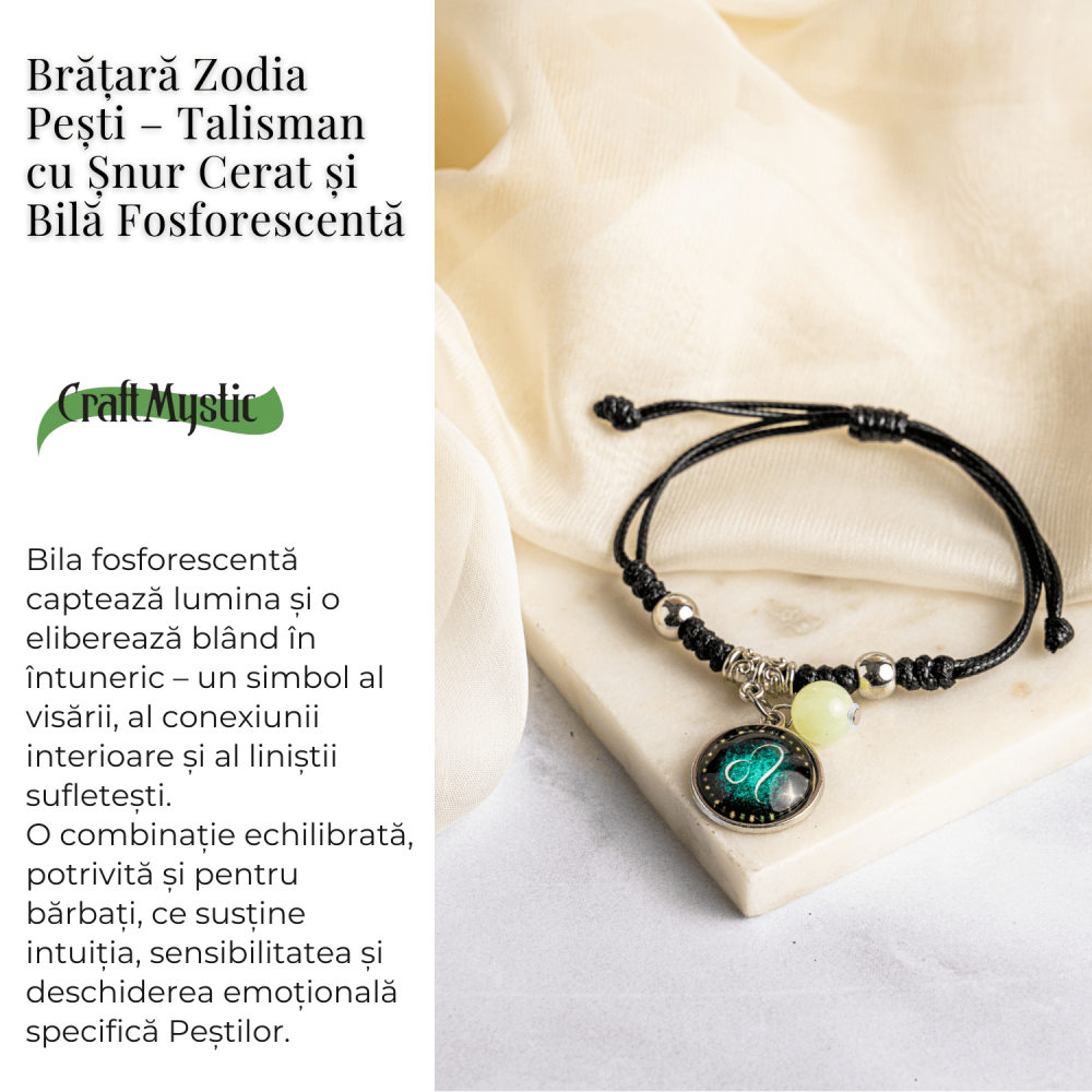 Bratara Zodiacala Ajustabila din Sfoara Cerata si Piele Sintetica – Cabochon Rotund cu Semn Zodiacal si Bila Fosforescenta [3]