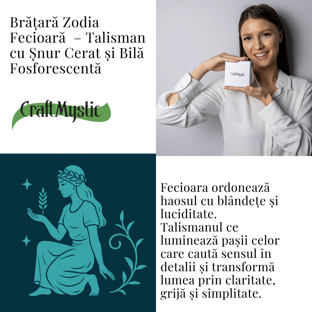 Bratara Zodiacala Ajustabila din Sfoara Cerata si Piele Sintetica – Cabochon Rotund cu Semn Zodiacal si Bila Fosforescenta [4]