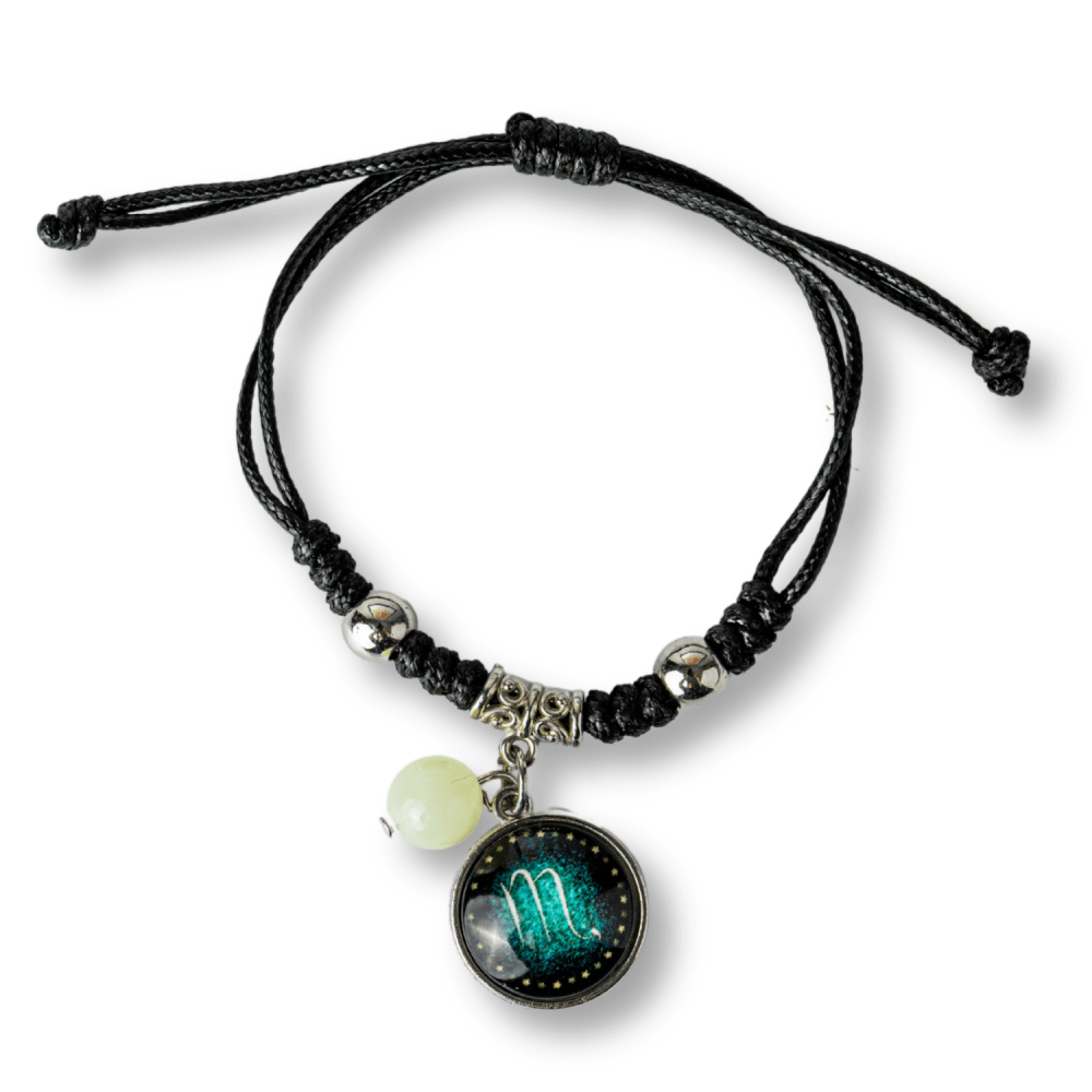 Bratara Zodiacala Ajustabila din Sfoara Cerata si Piele Sintetica – Cabochon Rotund cu Semn Zodiacal si Bila Fosforescenta [1]