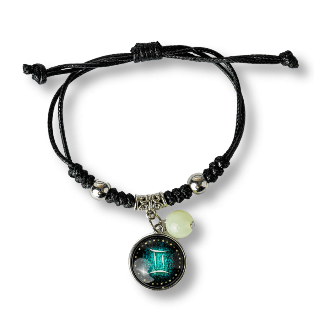 Bratara Zodiacala Ajustabila din Sfoara Cerata si Piele Sintetica – Cabochon Rotund cu Semn Zodiacal si Bila Fosforescenta [1]