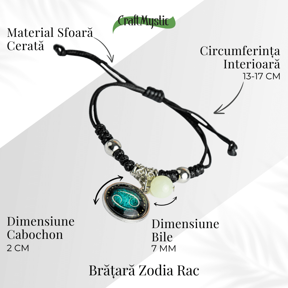 Bratara Zodiacala Ajustabila din Sfoara Cerata si Piele Sintetica – Cabochon Rotund cu Semn Zodiacal si Bila Fosforescenta [5]