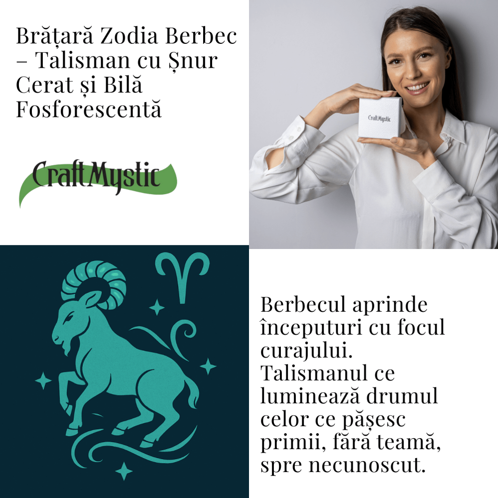 Bratara Zodiacala Ajustabila din Sfoara Cerata si Piele Sintetica – Cabochon Rotund cu Semn Zodiacal si Bila Fosforescenta [5]