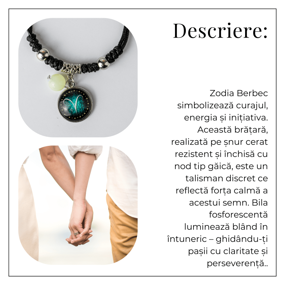 Bratara Zodiacala Ajustabila din Sfoara Cerata si Piele Sintetica – Cabochon Rotund cu Semn Zodiacal si Bila Fosforescenta [3]