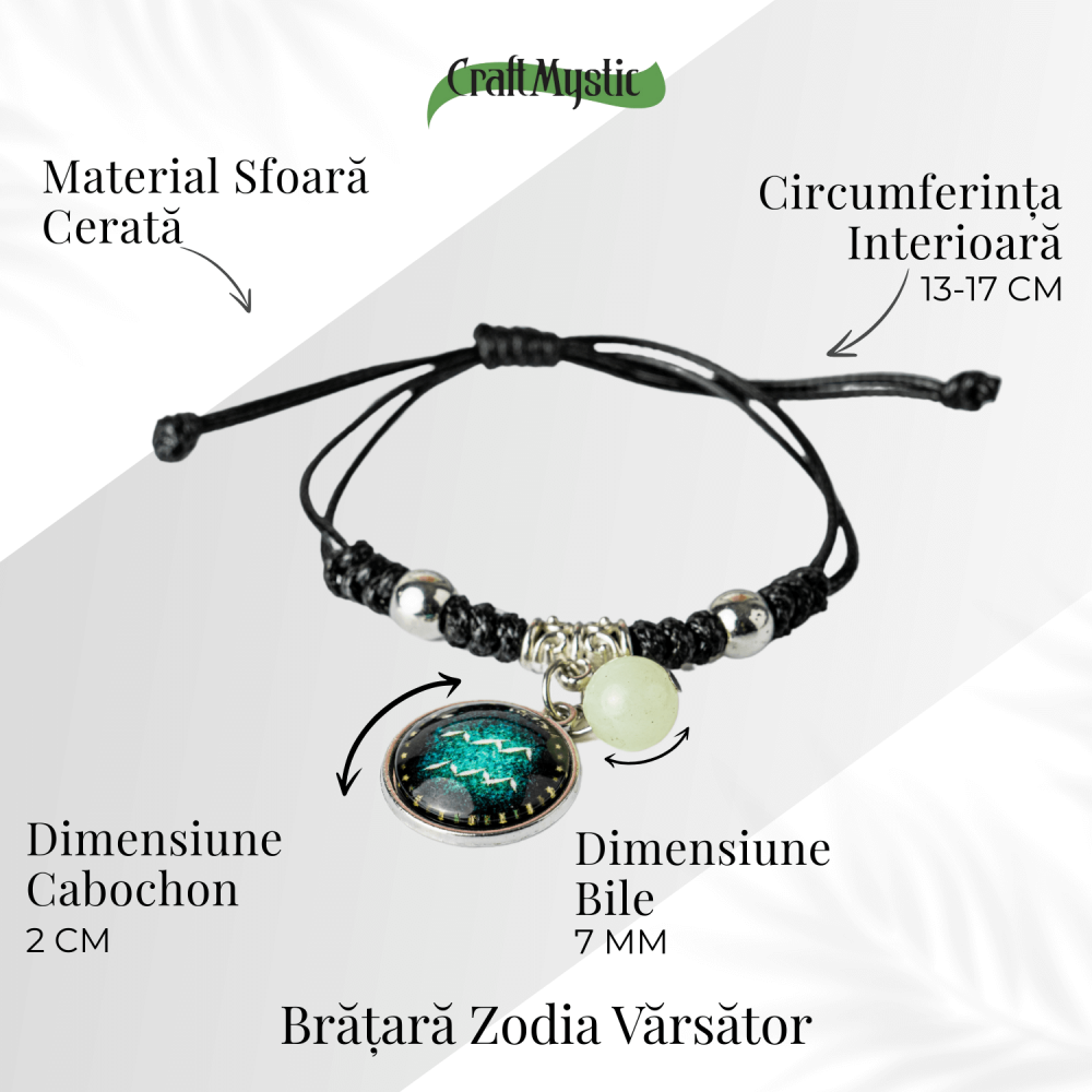 Bratara Zodiacala Ajustabila din Sfoara Cerata si Piele Sintetica – Cabochon Rotund cu Semn Zodiacal si Bila Fosforescenta [5]
