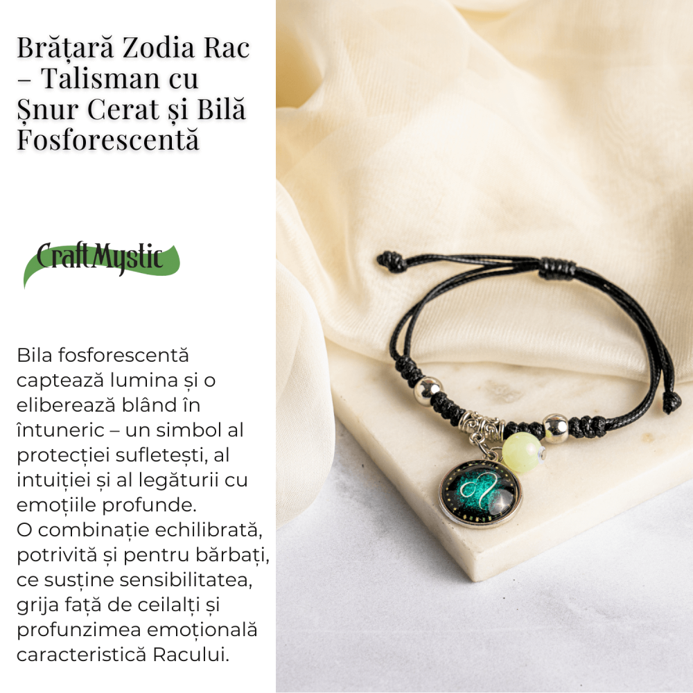 Bratara Zodiacala Ajustabila din Sfoara Cerata si Piele Sintetica – Cabochon Rotund cu Semn Zodiacal si Bila Fosforescenta [2]