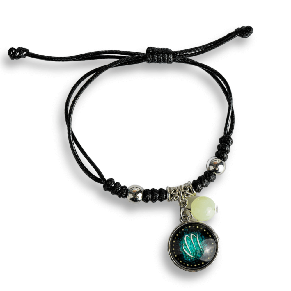 Bratara Zodiacala Ajustabila din Sfoara Cerata si Piele Sintetica – Cabochon Rotund cu Semn Zodiacal si Bila Fosforescenta [1]