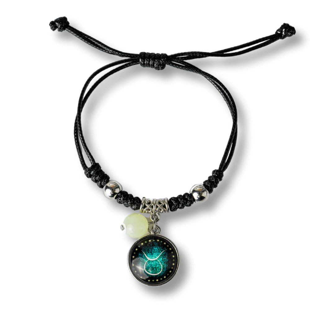 Bratara Zodiacala Ajustabila din Sfoara Cerata si Piele Sintetica – Cabochon Rotund cu Semn Zodiacal si Bila Fosforescenta [1]