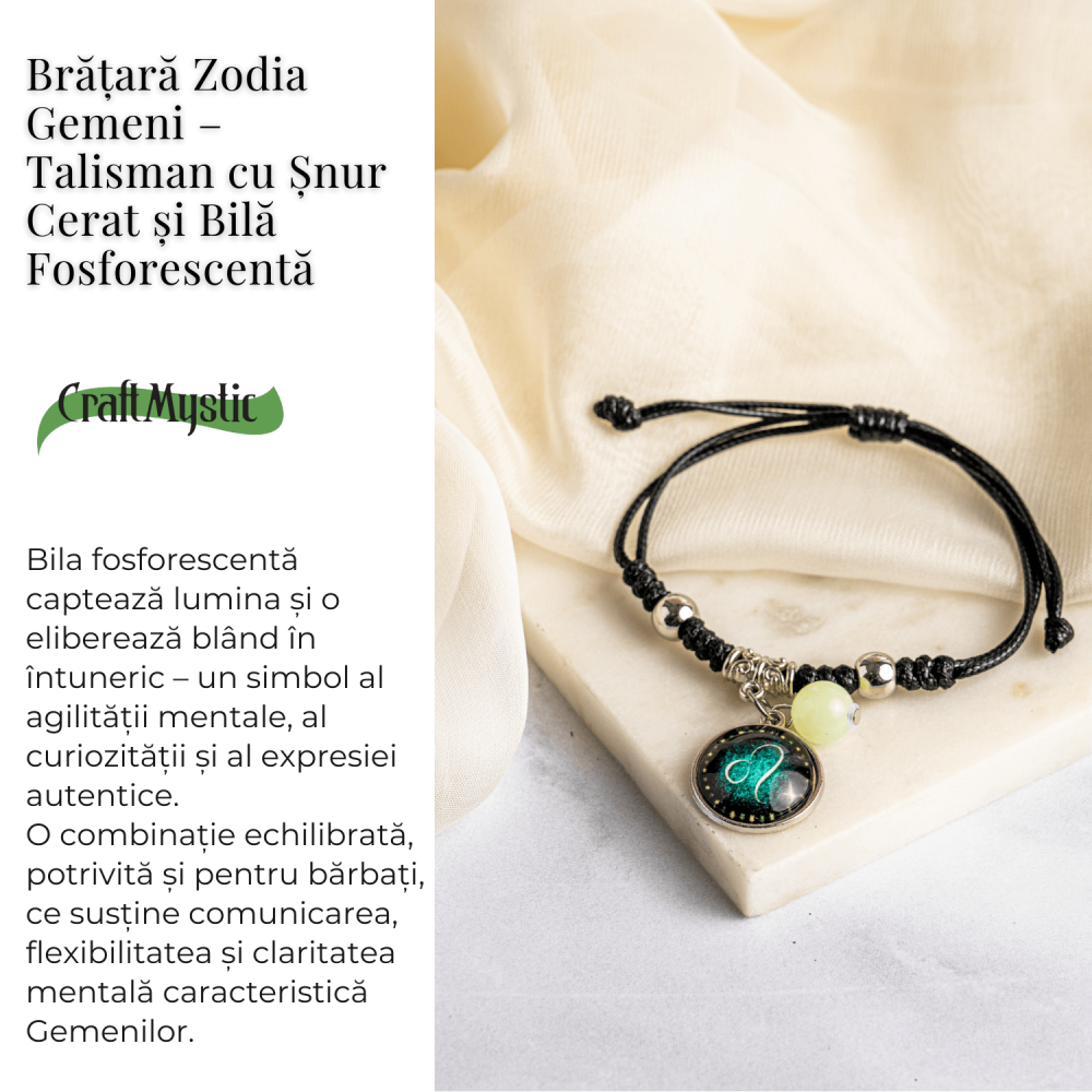 Bratara Zodiacala Ajustabila din Sfoara Cerata si Piele Sintetica – Cabochon Rotund cu Semn Zodiacal si Bila Fosforescenta [3]