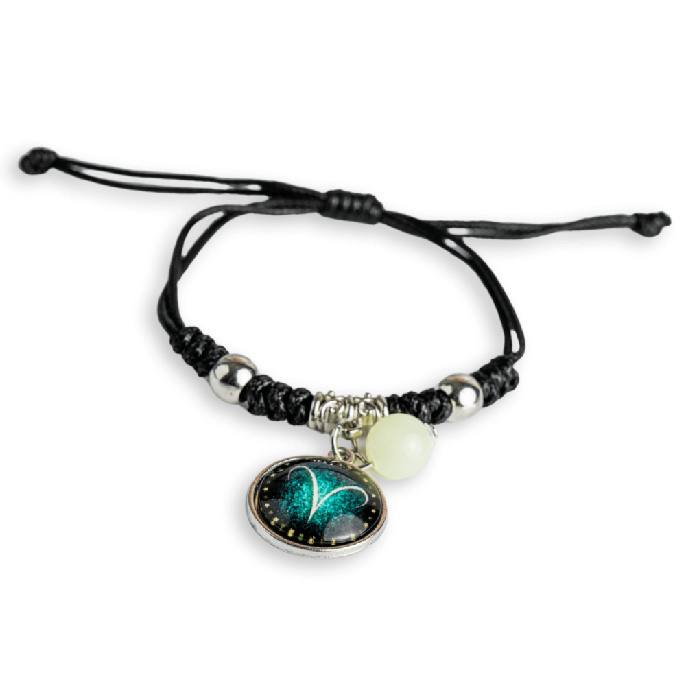 Bratara Zodiacala Ajustabila din Sfoara Cerata si Piele Sintetica – Cabochon Rotund cu Semn Zodiacal si Bila Fosforescenta [6]