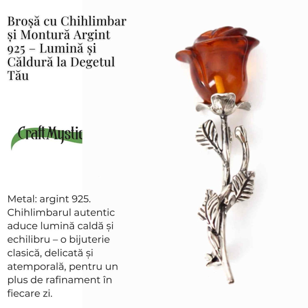 Brosa din Argint 925 cu Chihlimbar Natural – Trandafir al Luminii Calde [4]
