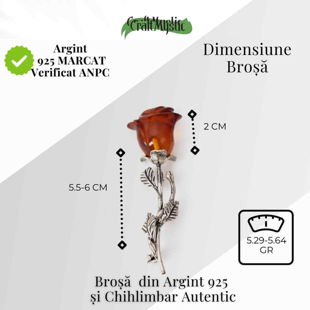 Brosa din Argint 925 cu Chihlimbar Natural – Trandafir al Luminii Calde [5]