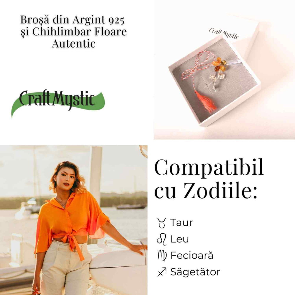 Brosa floare din chihlimbar si argint 925, pentru o nota calda la tinuta [6]