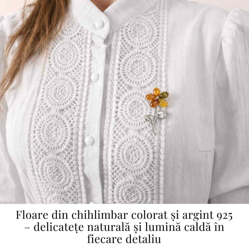 Brosa floare din chihlimbar si argint 925, pentru o nota calda la tinuta [3]