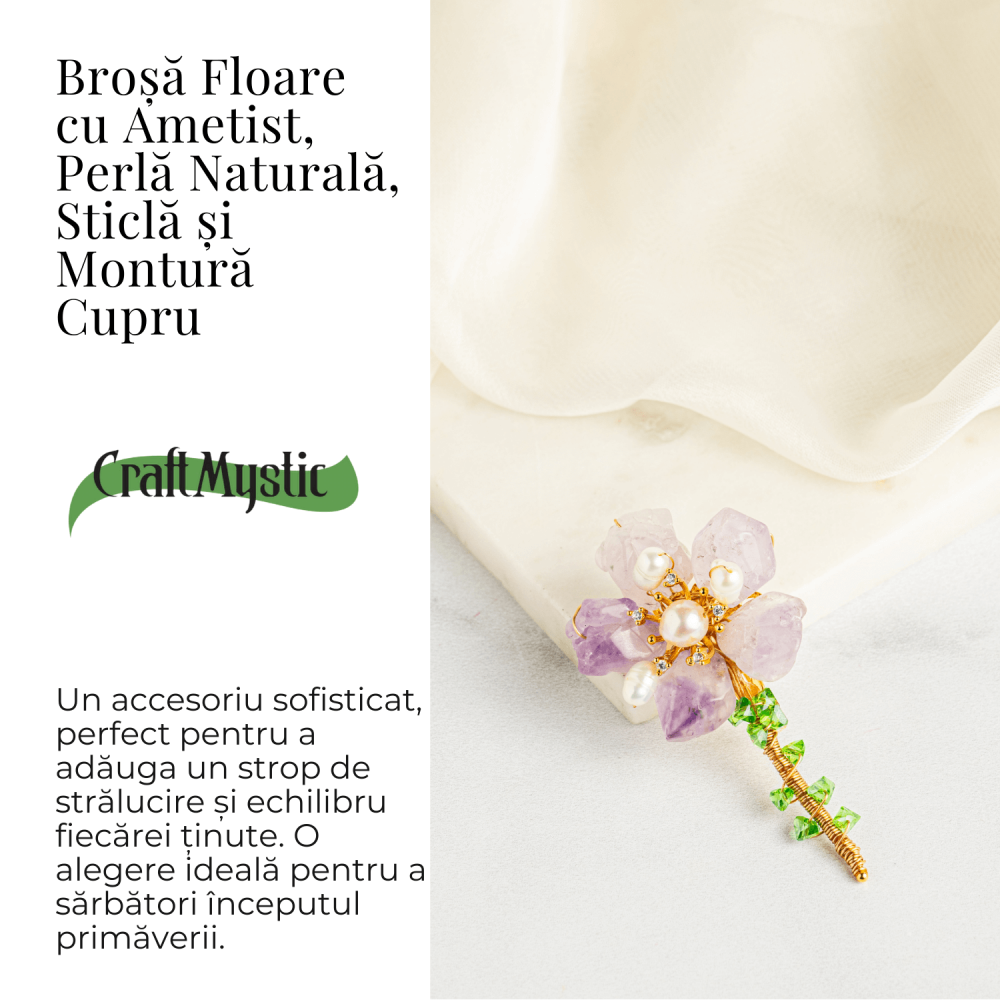 Brosa Floare Ametist cu Perla Naturala si Montura Auriu - Eleganta si Energie Pozitiva [4]