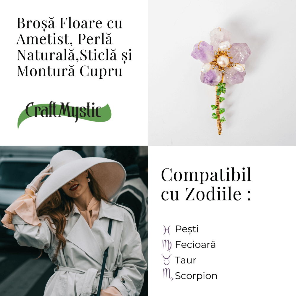 Brosa Floare Ametist cu Perla Naturala si Montura Auriu - Eleganta si Energie Pozitiva [6]