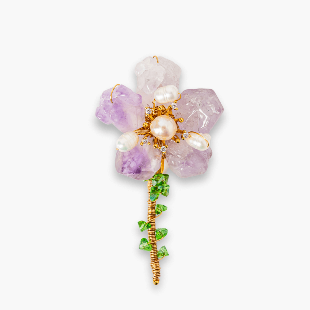 Brosa Floare Ametist cu Perla Naturala si Montura Auriu - Eleganta si Energie Pozitiva [1]