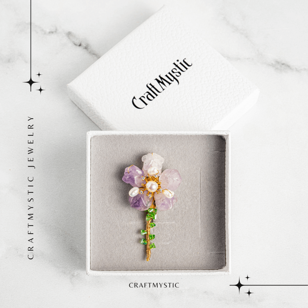 Brosa Floare Ametist cu Perla Naturala si Montura Auriu - Eleganta si Energie Pozitiva [9]