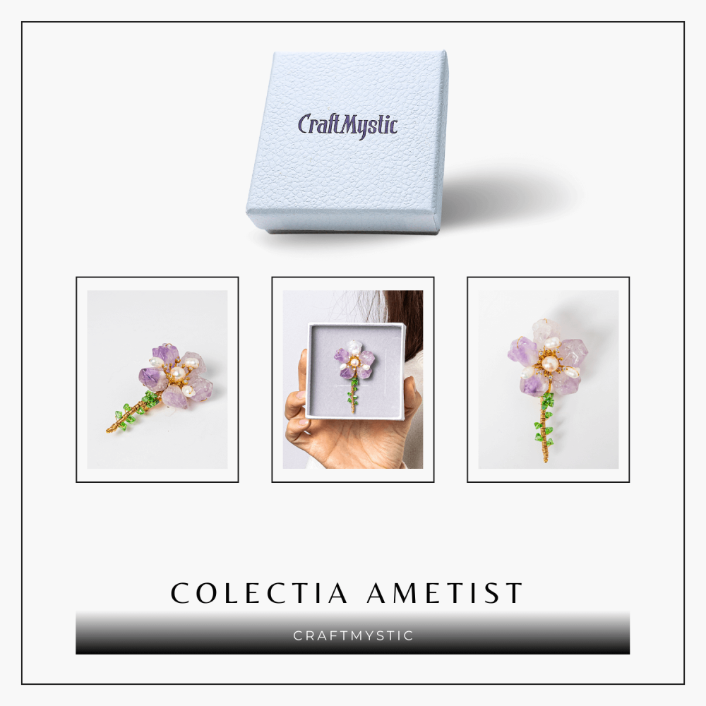 Brosa Floare Ametist cu Perla Naturala si Montura Auriu - Eleganta si Energie Pozitiva [2]