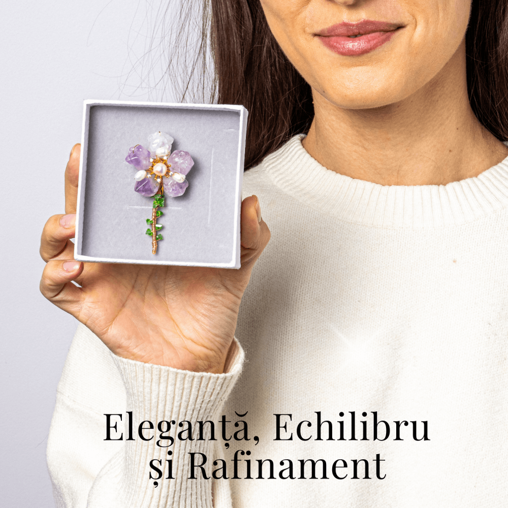 Brosa Floare Ametist cu Perla Naturala si Montura Auriu - Eleganta si Energie Pozitiva [3]