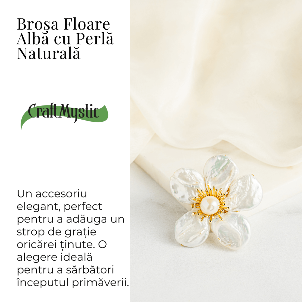 Brosa Floare Alba cu Perla Naturala - Eleganta si Puritate [5]