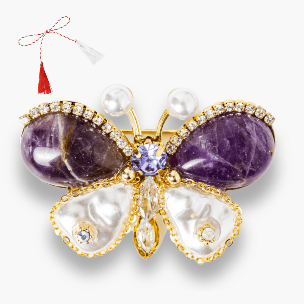 Brosa fluturas ametist cu perla sintetica si montura din cupru – Eleganta si echilibru [1]