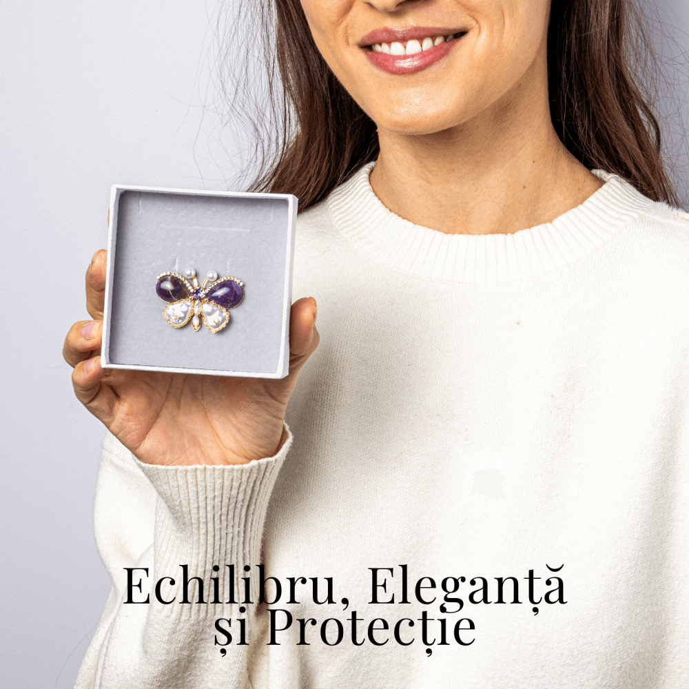Brosa fluturas ametist cu perla sintetica si montura din cupru – Eleganta si echilibru [2]
