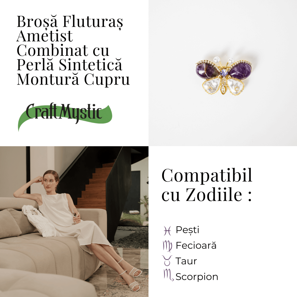 Brosa fluturas ametist cu perla sintetica si montura din cupru – Eleganta si echilibru [4]