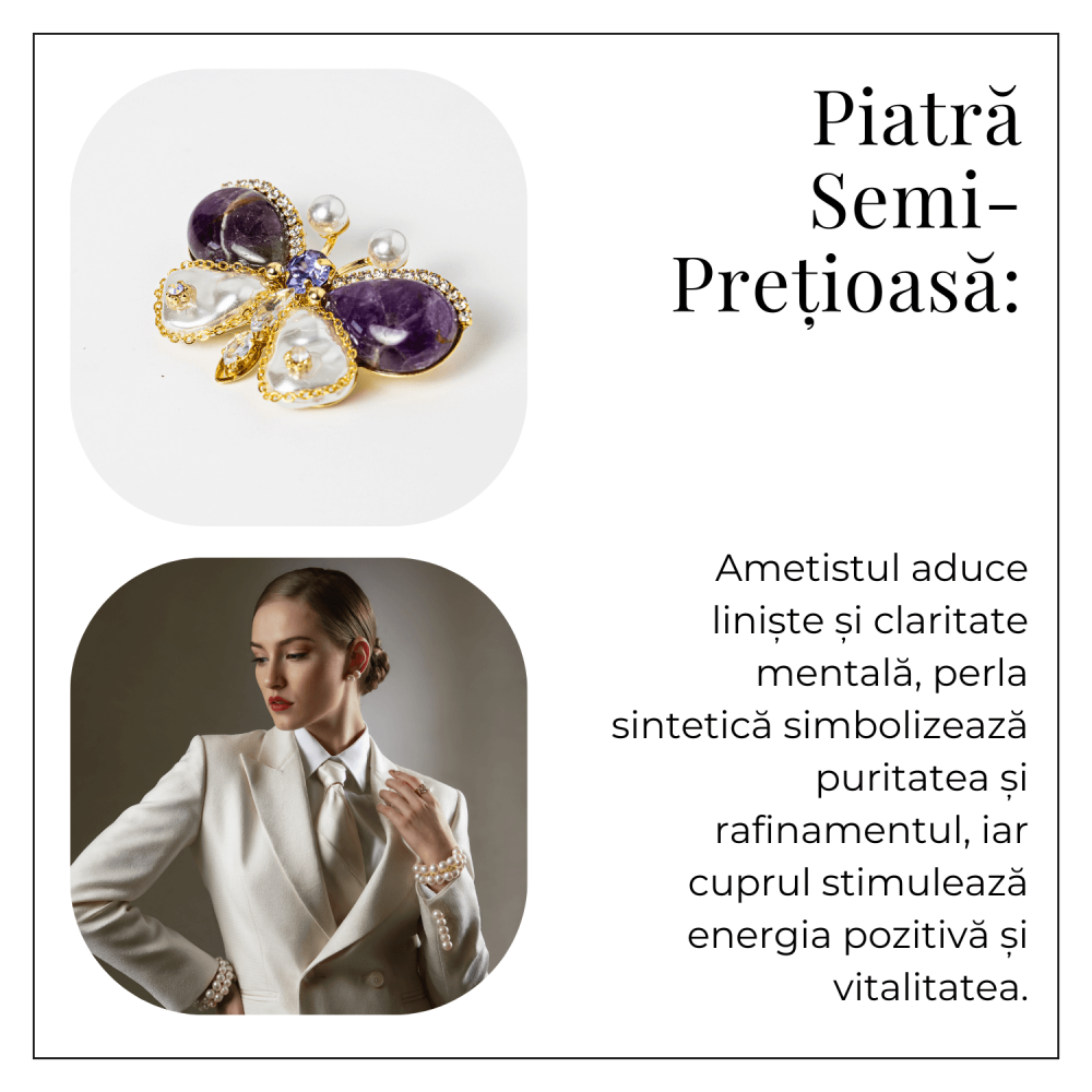 Brosa fluturas ametist cu perla sintetica si montura din cupru – Eleganta si echilibru [9]