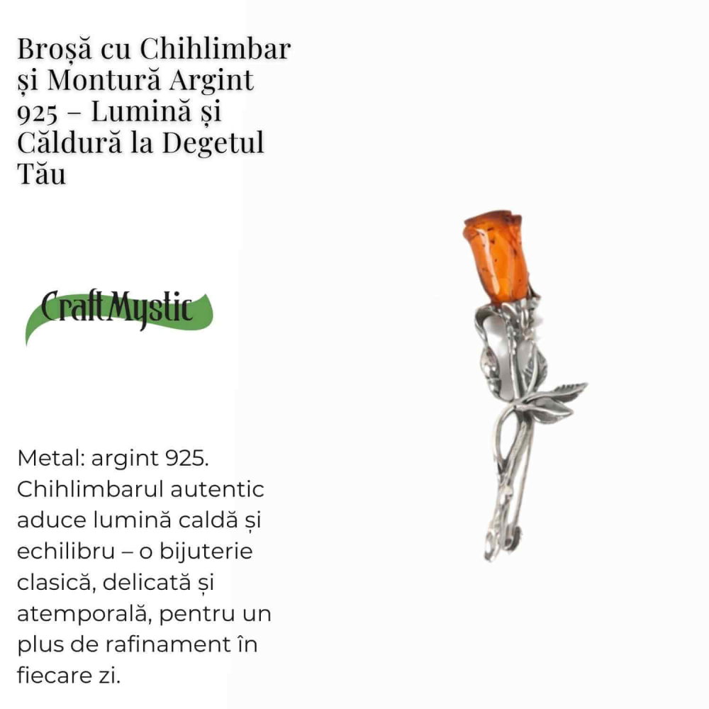 Brosa din argint 925 cu chihlimbar natural in forma de trandafir – lumina calda purtata cu gratie [3]
