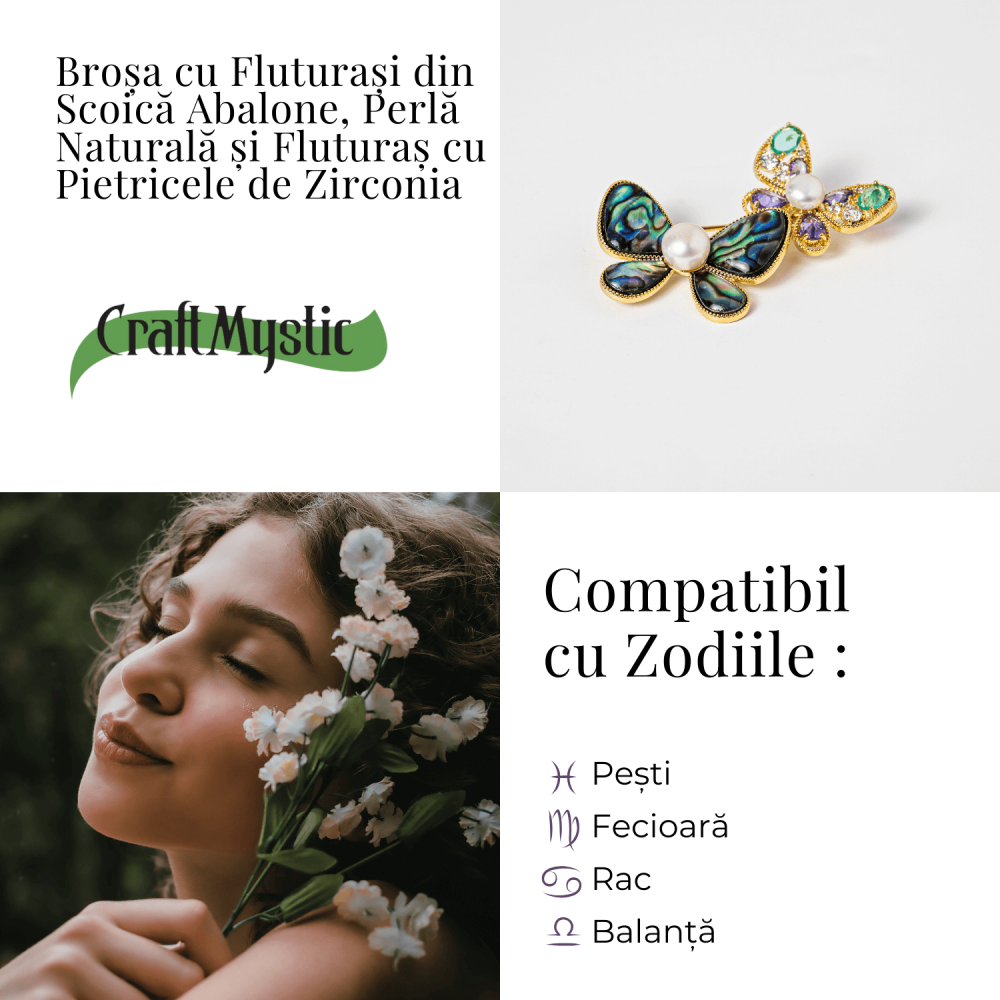 Brosa cu Fluturasi din Scoica Abalone, Perla Naturala si Fluturas cu Pietricele de Zirconia - Eleganta si Stralucire [5]
