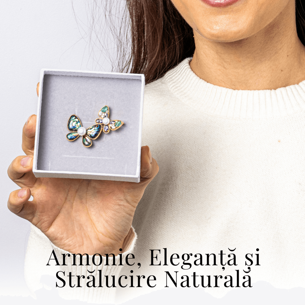 Brosa cu Fluturasi din Scoica Abalone, Perla Naturala si Fluturas cu Pietricele de Zirconia - Eleganta si Stralucire [2]
