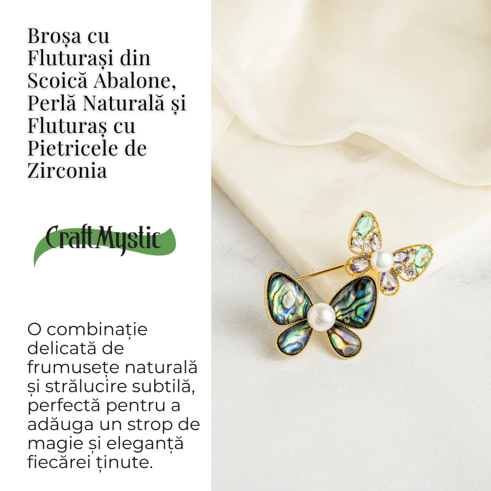 Brosa cu Fluturasi din Scoica Abalone, Perla Naturala si Fluturas cu Pietricele de Zirconia - Eleganta si Stralucire [3]