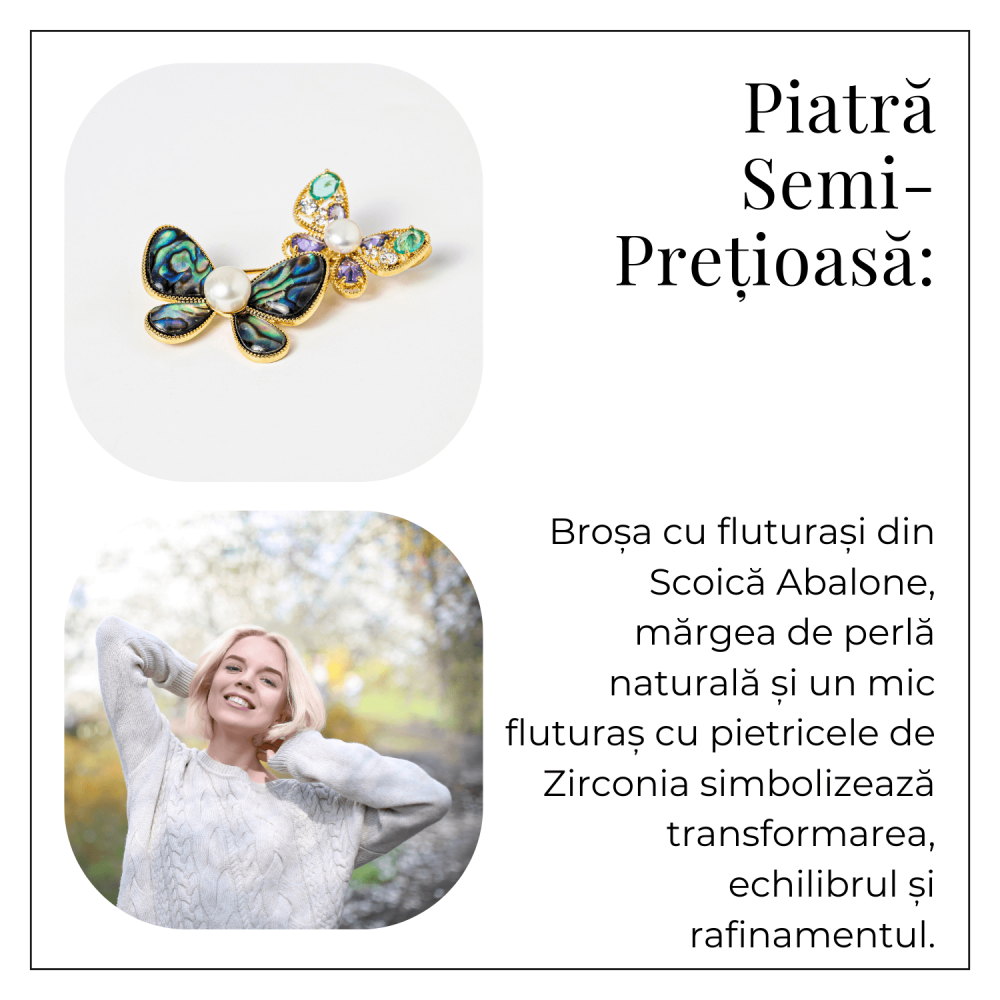 Brosa cu Fluturasi din Scoica Abalone, Perla Naturala si Fluturas cu Pietricele de Zirconia - Eleganta si Stralucire [4]